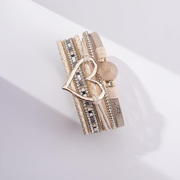 Heart Leather Wrap Bracelets Boho Chain Bangle Jewelry for Women Gift - Picture 6 of 9